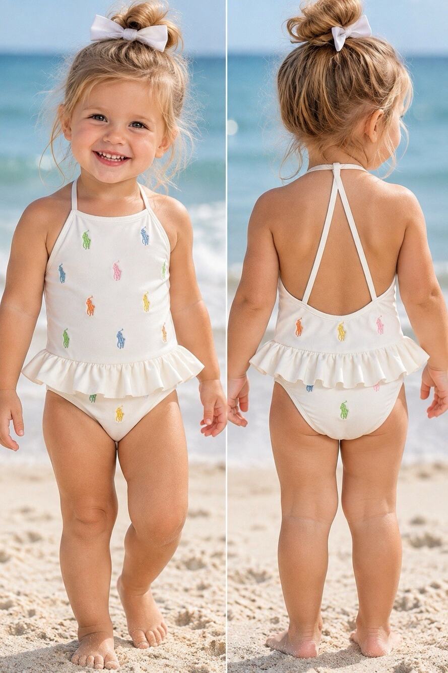 Ralph Lauren Girls 24M White Multicolor Pony Ruffle One Piece Swimsuit